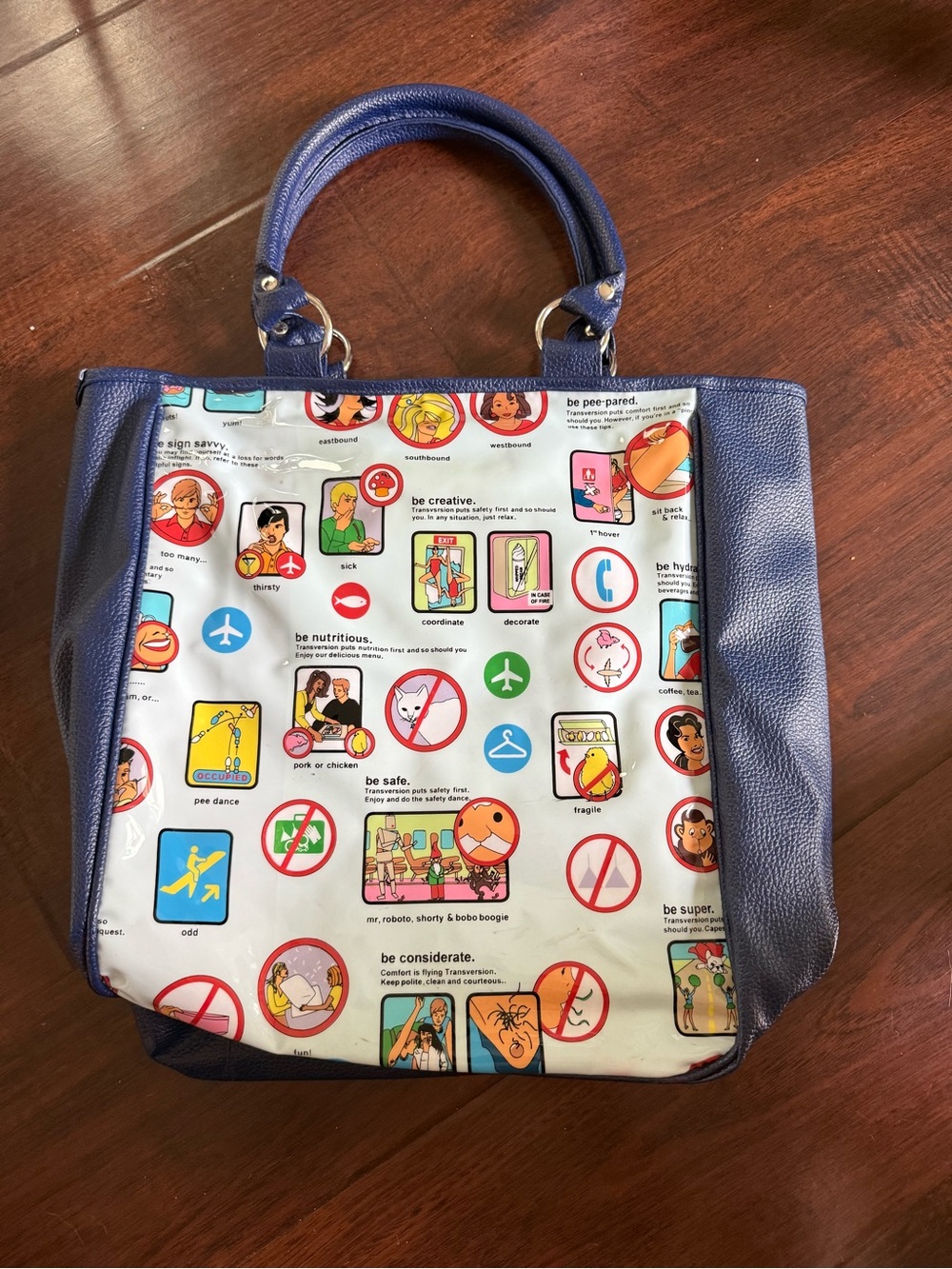Blue Graphic Panel Tote Bag with Illustrations Trans Version